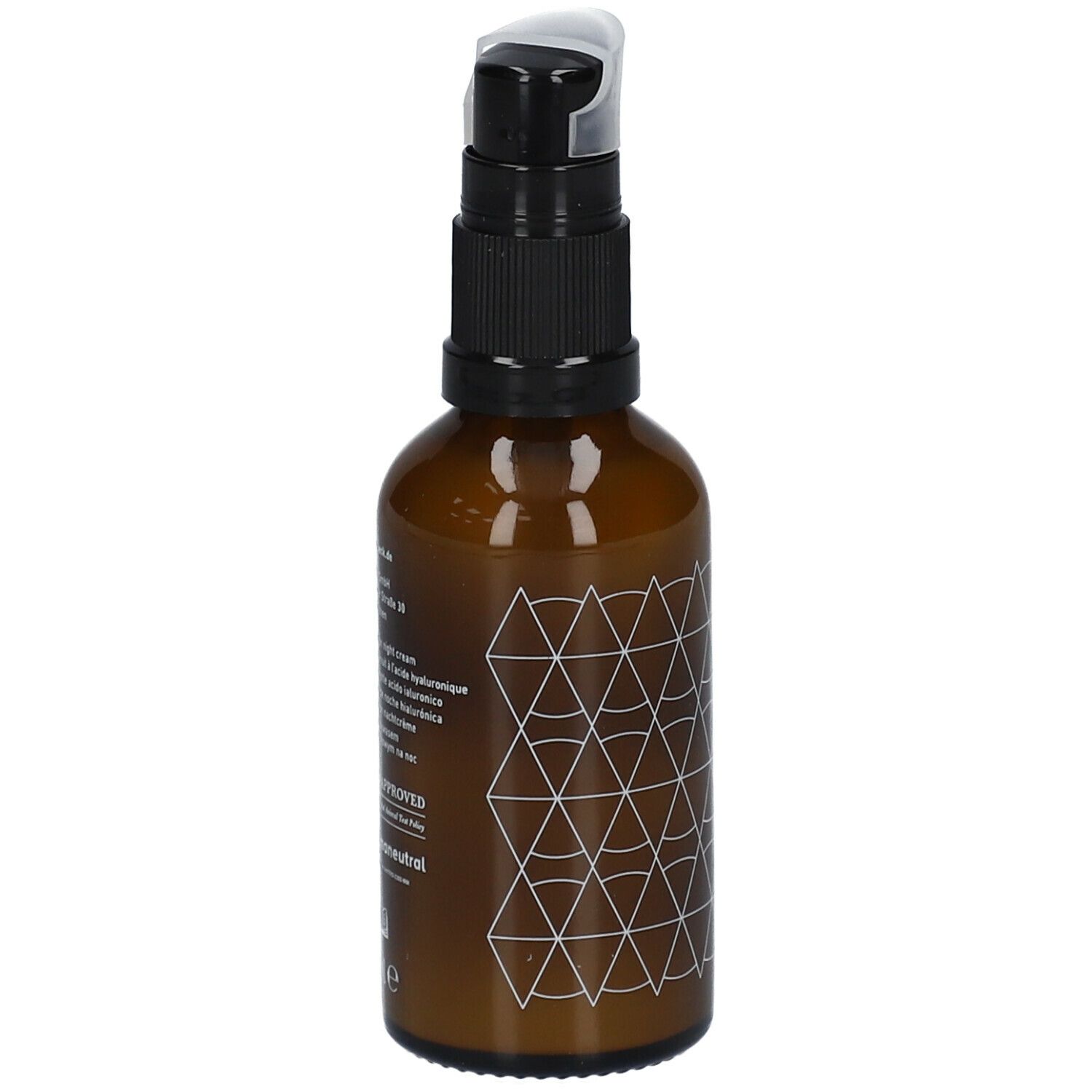 Braune Glasflasche mit schwarzem Pumpkopf. Auf der Flasche ein weißes geometrisches Muster. Text in mehreren Sprachen.