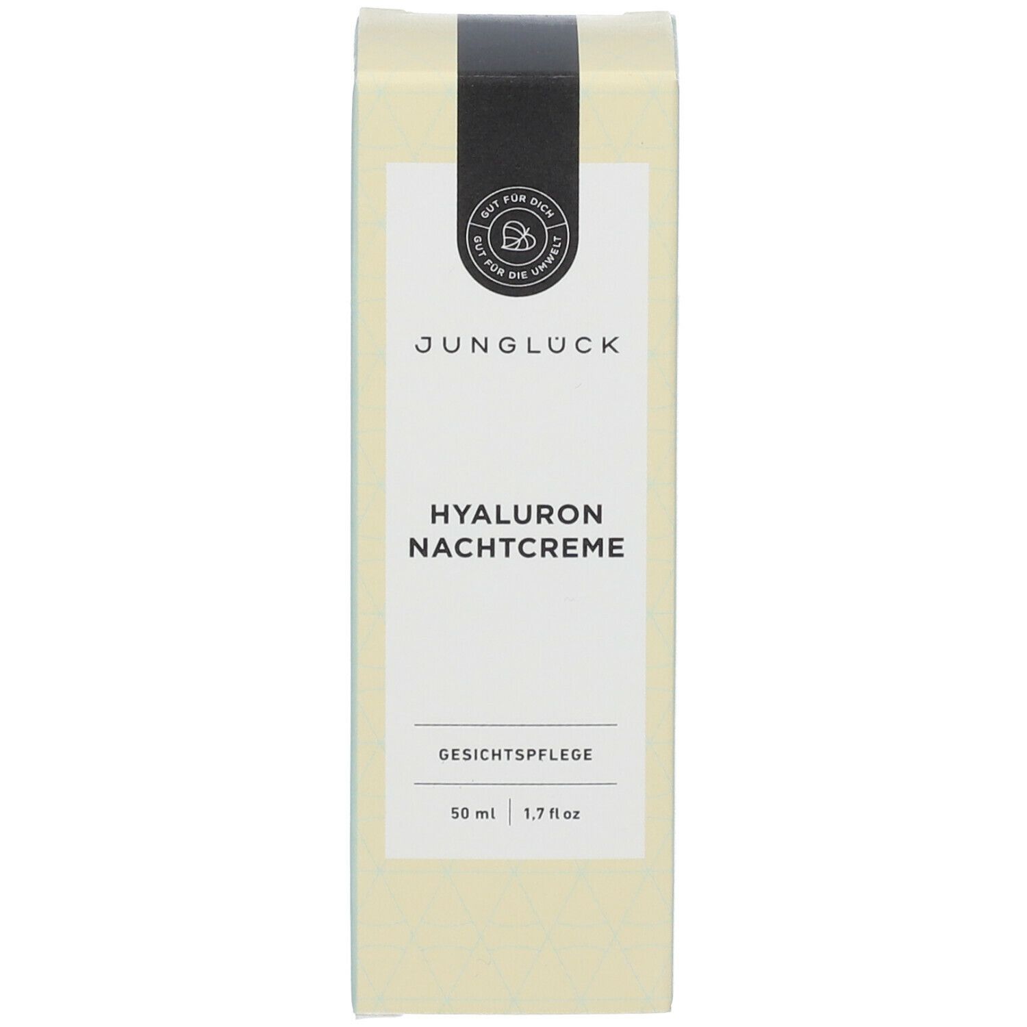 Karton. Aufschrift: JUNGLÜCK, Hyaluron Nachtcreme, Gesichtspflege. 50 ml / 1.7 fl oz. Mit Logo.