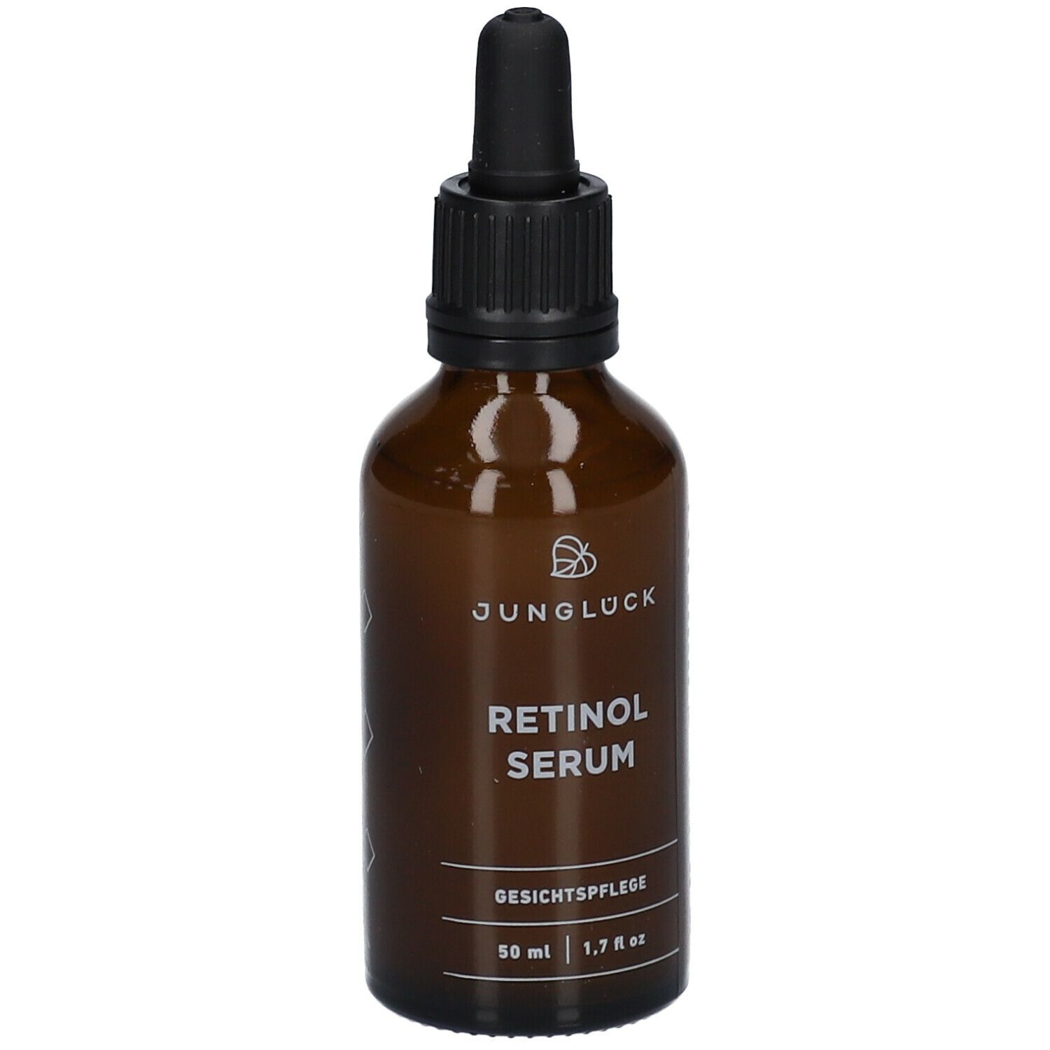 Braune Glasflasche mit schwarzem Tropfer. Aufschrift: JUNGLÜCK, Retinol Serum, Gesichtspflege. 50 ml, 1.7 fl oz.