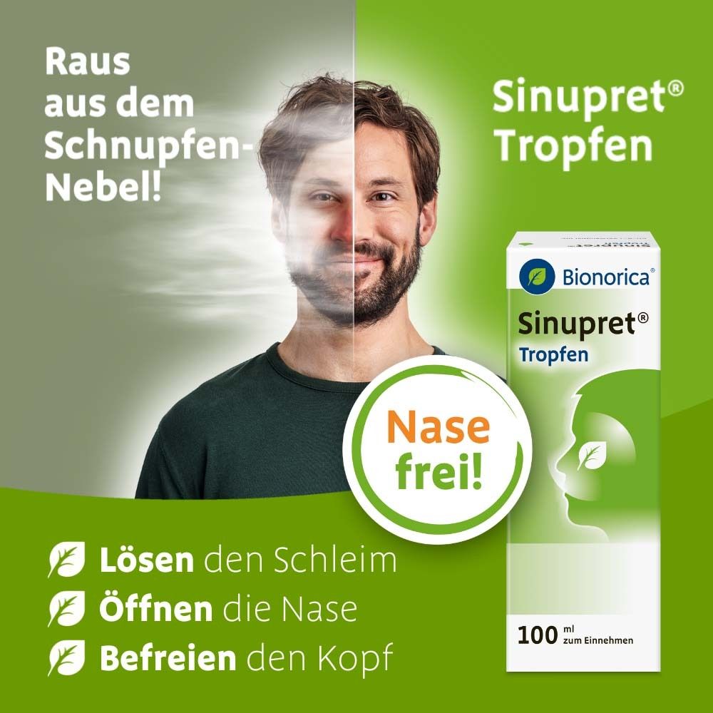 Mann mit freier Nase. Sinupret® Tropfen-Verpackung und Flasche. Text: Nase frei! Löst Schleim, öffnet Nase, befreit Kopf.
