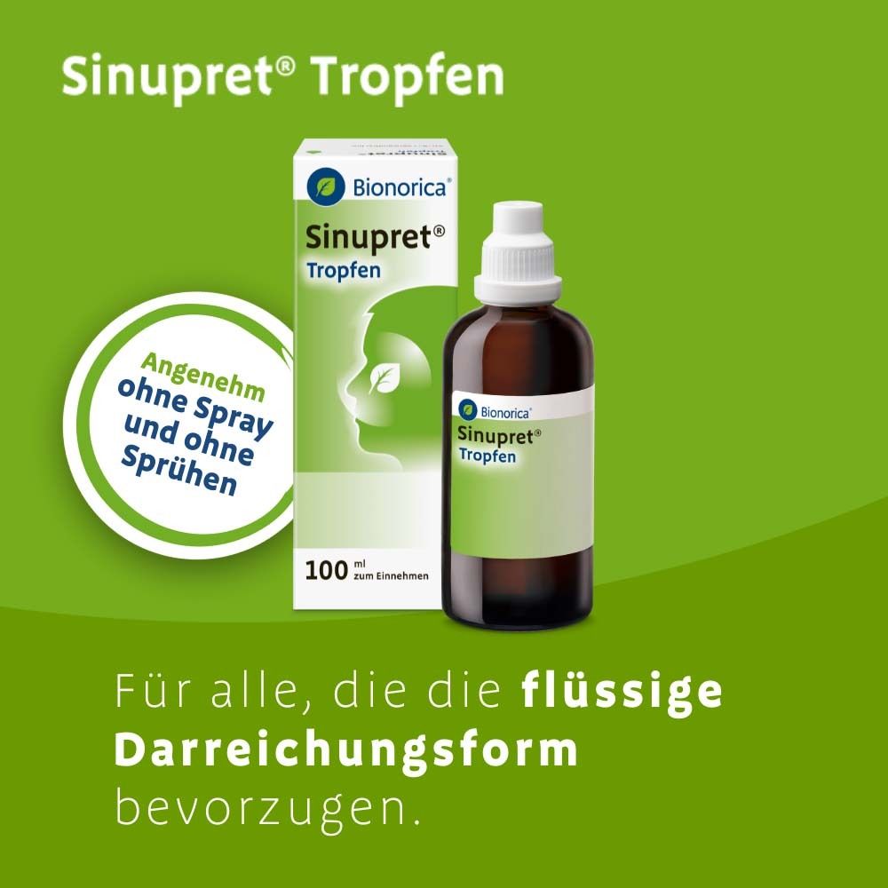Sinupret® Tropfen-Flasche und Verpackung. Text: Angenehm ohne Spray und Sprühen. Für alle, die die flüssige Darreichungsform bevorzugen.