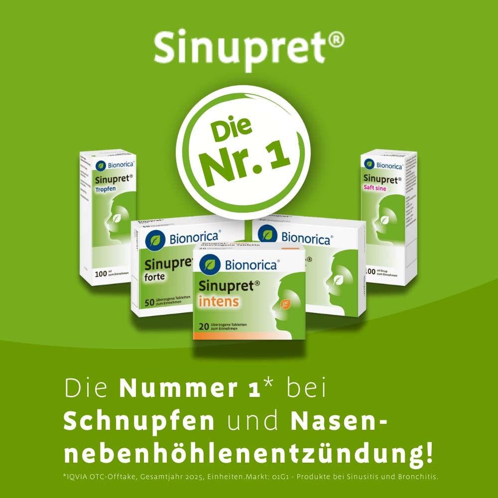 Verschiedene Sinupret® Produkte. Text: Die Nr. 1 bei Schnupfen und Nasennebenhöhlenentzündung!