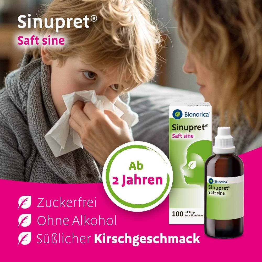 Kind mit Taschentuch. Sinupret® Saft sine. Text: Ab 2 Jahren. Zuckerfrei, ohne Alkohol, süßlicher Kirschgeschmack.