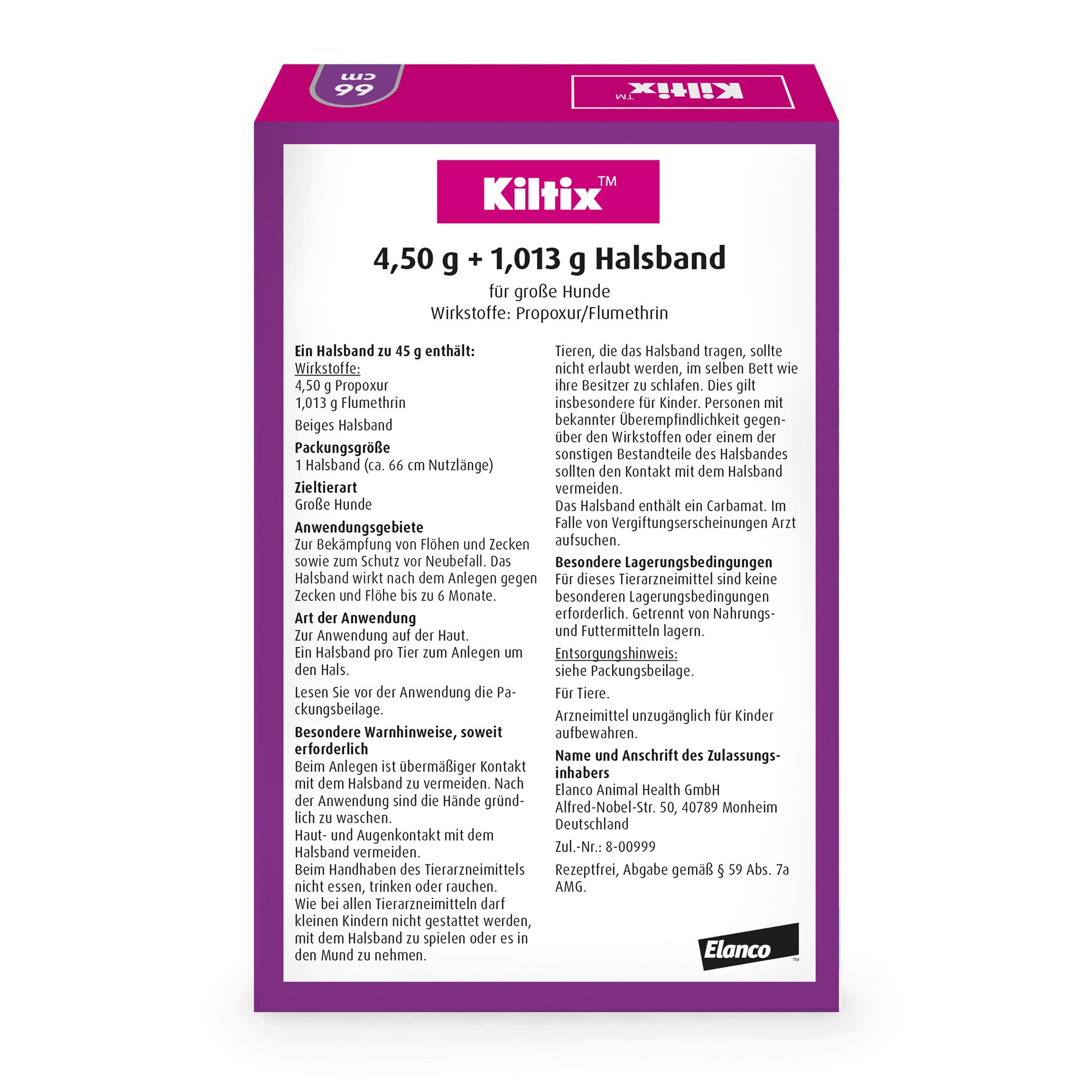 Rückseite der Kiltix®-Verpackung. Textinformationen zu Inhaltsstoffen, Anwendung und Warnhinweisen. Elanco-Logo.