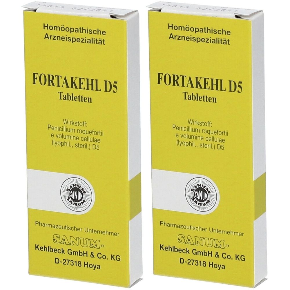 Zwei Schachteln FORTAKEHL D5 Tabletten. Gelb-weißes Design. Text: Homöopathische Arzneispezialität, SANUM.
