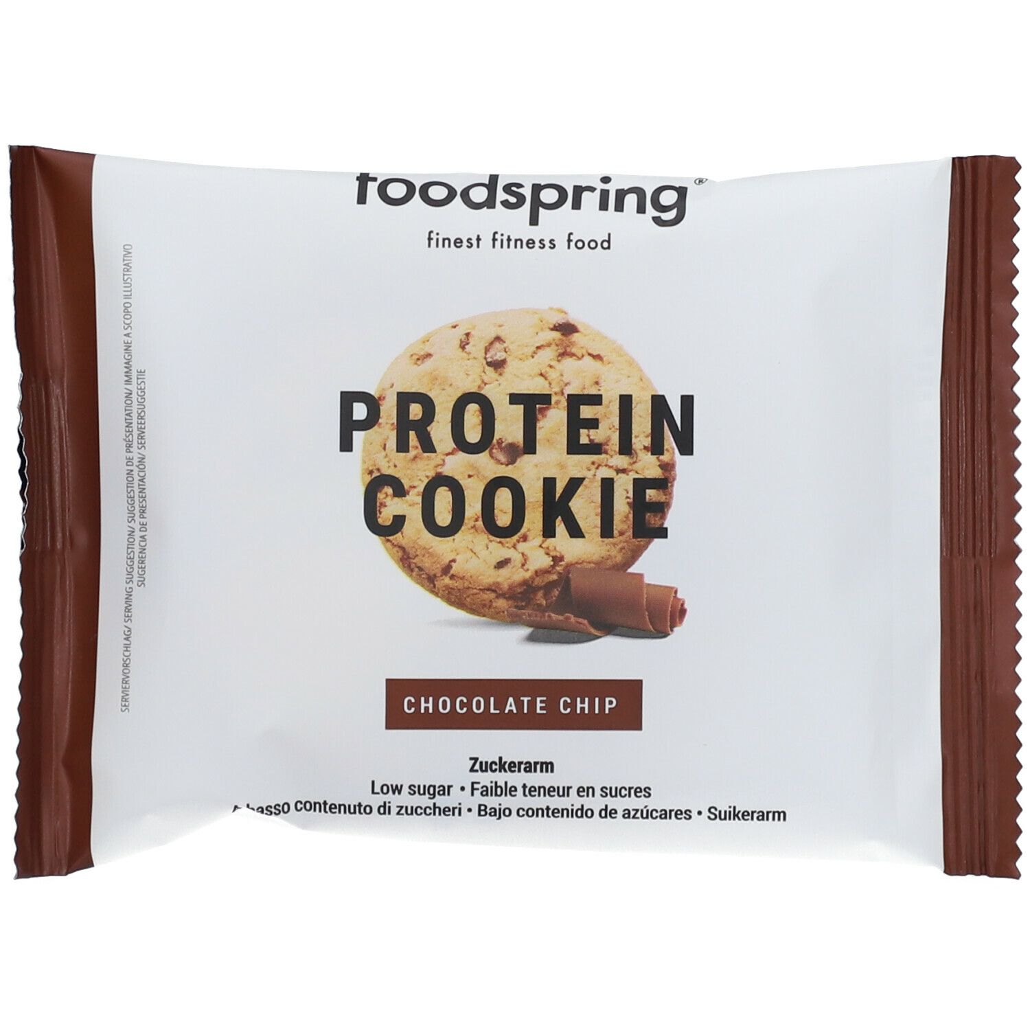 Verpackung eines Protein Cookies. Aufdruck: Protein Cookie Chocolate Chip, zuckerarm. Marke: foodspring.
