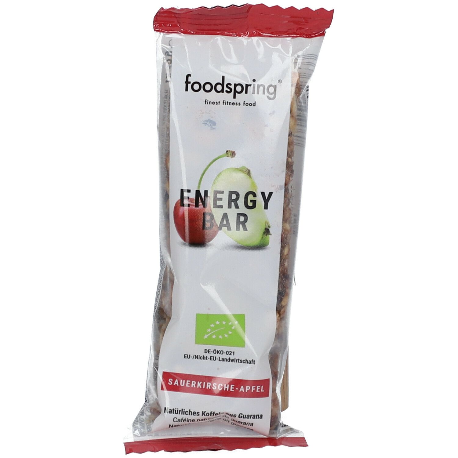 Verpackte Energy Bar mit Kirsche und Apfel-Illustration. Logo foodspring, Text Energy Bar, Sauerkirsche-Apfel. Bio-Siegel.