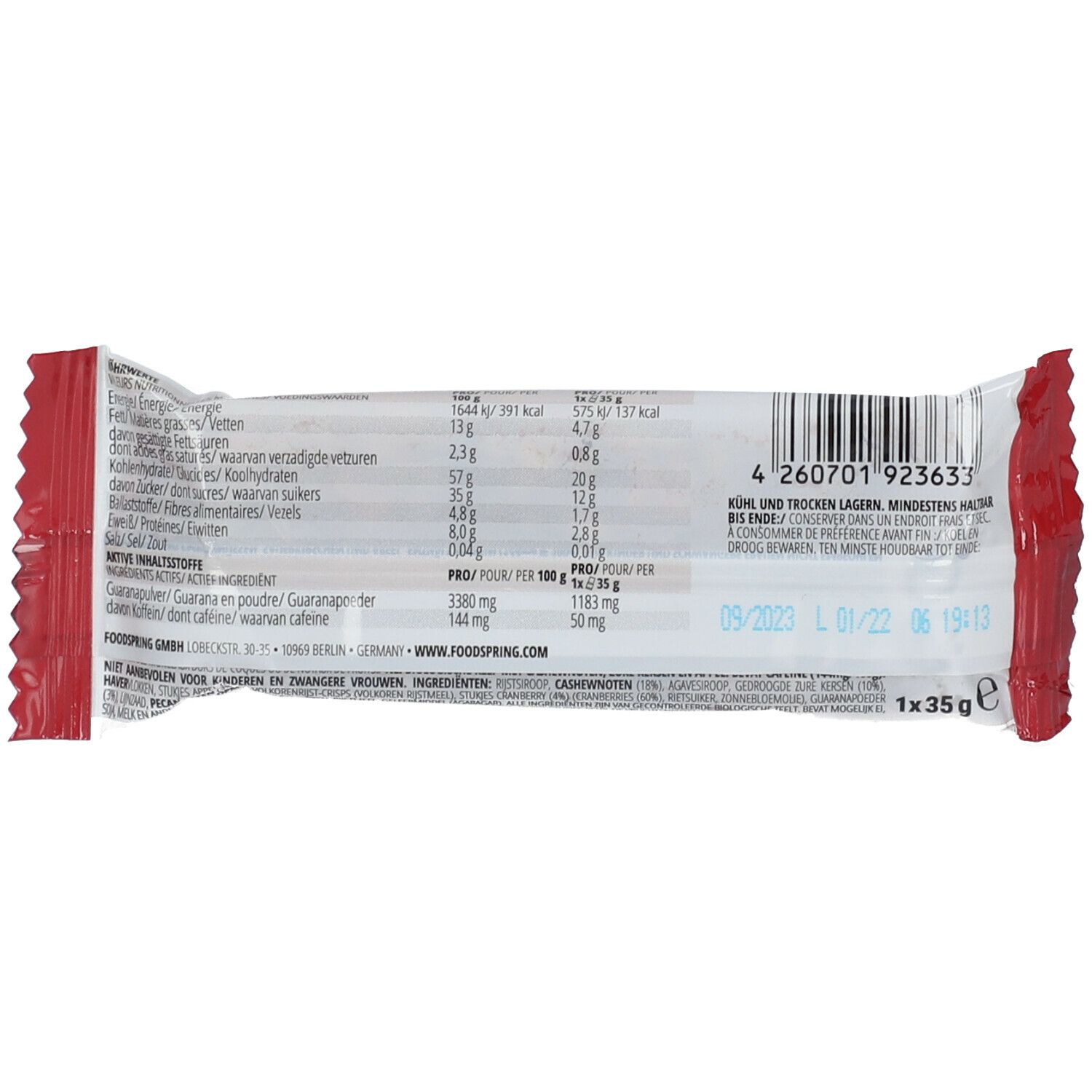 Rückseite der Energy Bar-Verpackung. Text mit Nährwertangaben, Zutatenliste, Mindesthaltbarkeitsdatum und Barcode. 35g.