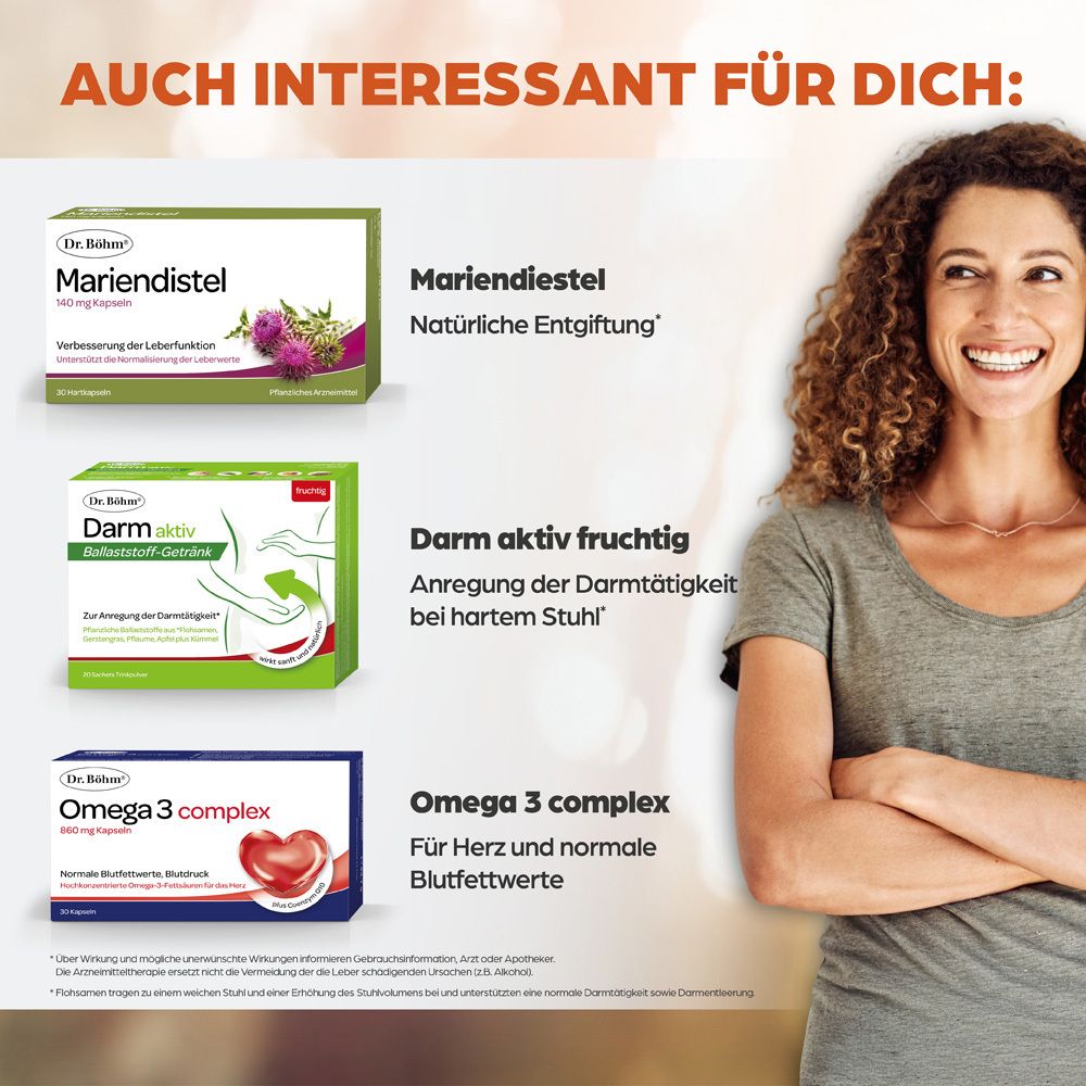 Frau lächelt. Produkte: Mariendistel, Darm aktiv, Omega 3 complex. Logo: Dr. Böhm.