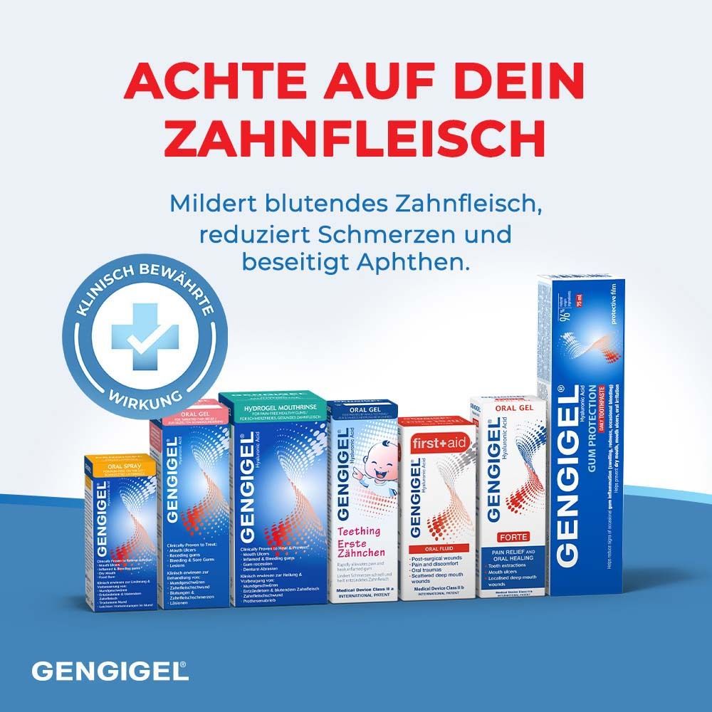 Verschiedene Produkte der Marke Gengigel. Text: Achte auf dein Zahnfleisch. Mildert blutendes Zahnfleisch, reduziert Schmerzen.