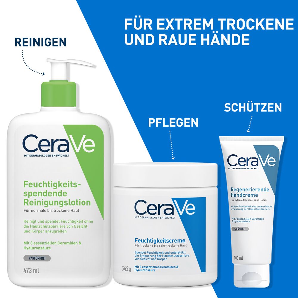 CeraVe Feuchtigkeitsspendende Reinigungsotion (473ml), Feuchtigkeitscreme (542g) und Regenerierende Handcreme (100ml).