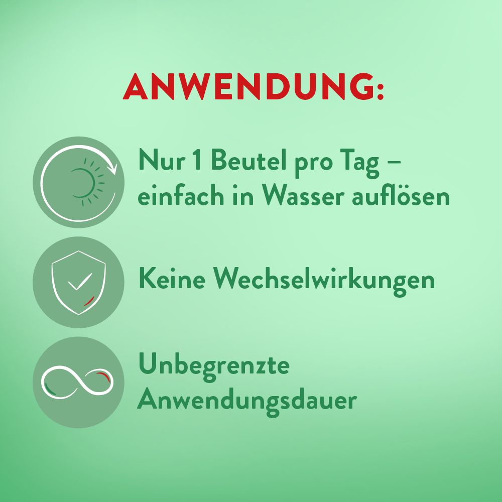 Anwendungshinweise: 1 Beutel pro Tag in Wasser auflösen. Keine Wechselwirkungen. Unbegrenzte Anwendungsdauer.