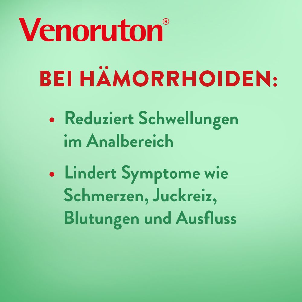 Text: Bei Hämorrhoiden: Reduziert Schwellungen, lindert Symptome. Schachtel Venoruton®.