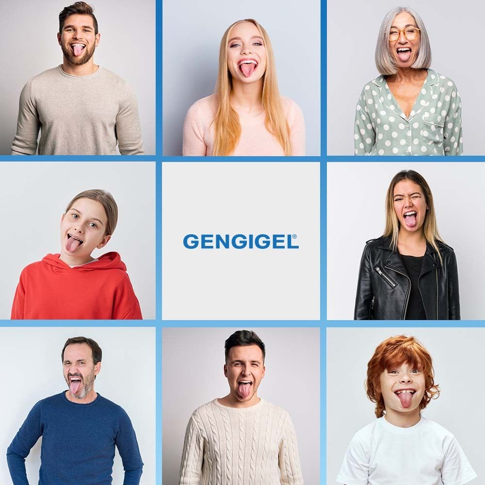 9 Personen mit Zunge herausgestreckt. Gengigel® Logo in der Mitte.