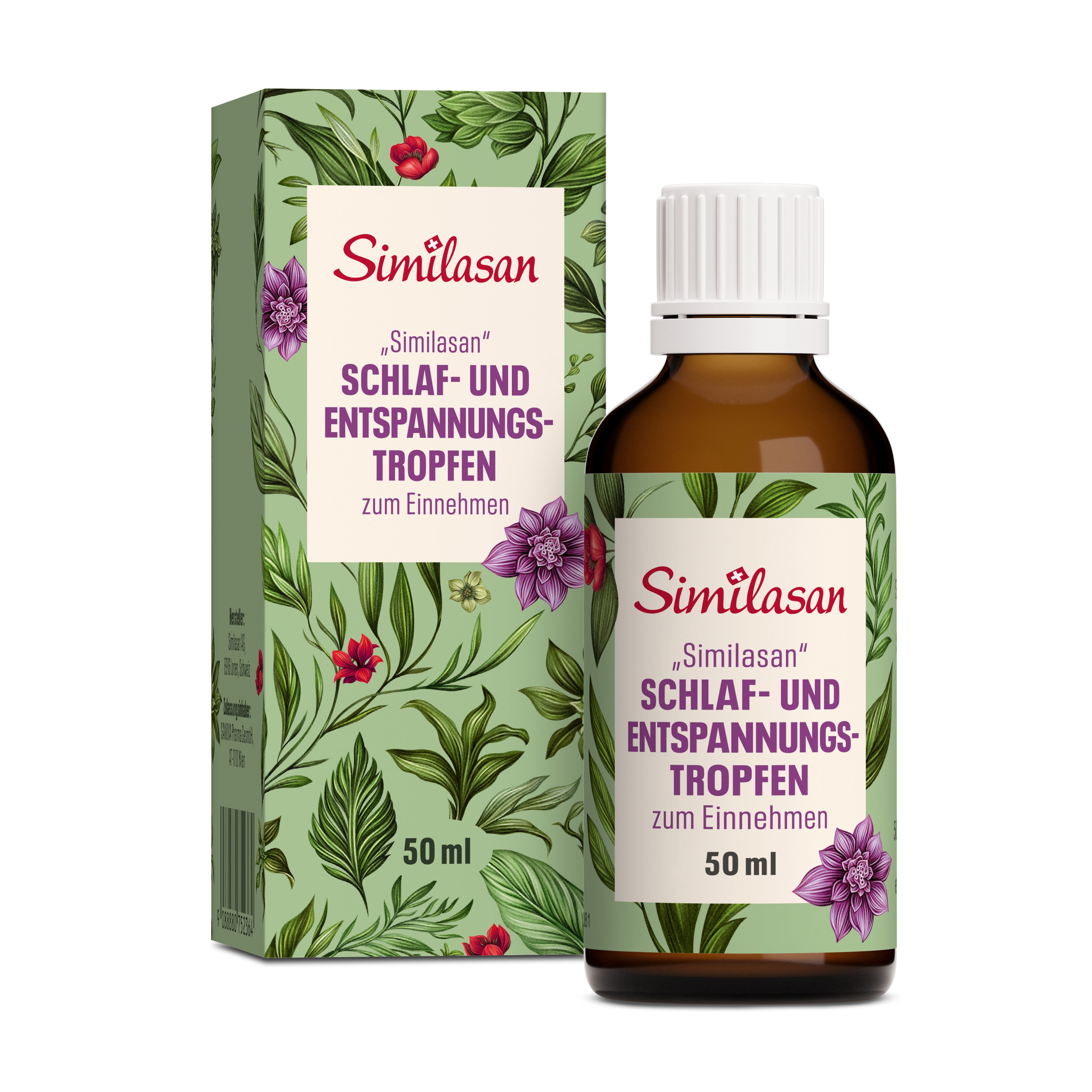 Braune Flasche und grüne Schachtel. Aufschrift: Similasan, Schlaf- und Entspannungstropfen zum Einnehmen. 50 ml.