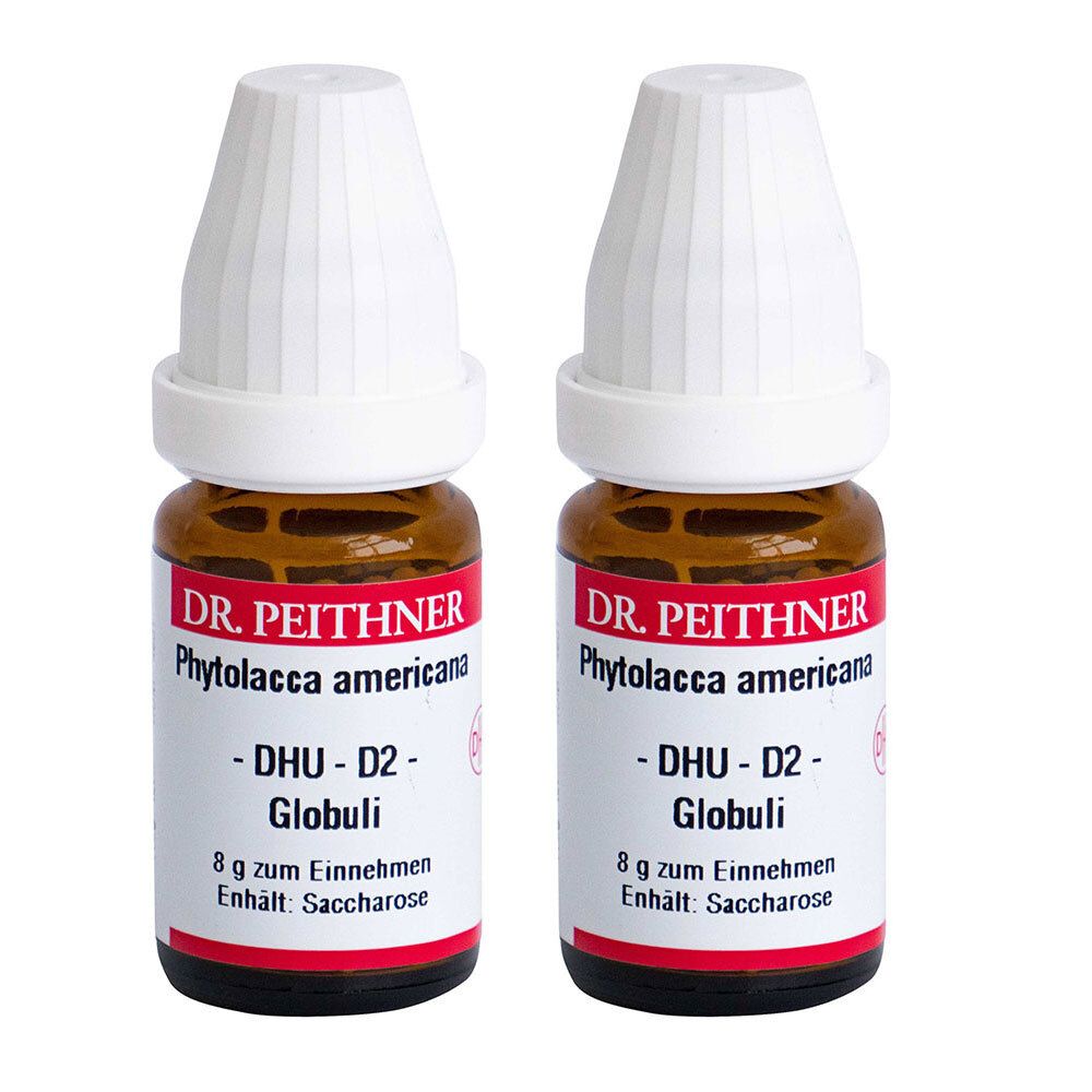 Zwei braune Glasflaschen mit weißen Deckeln. Auf den Etiketten steht "DR. PEITHNER Phytolacca americana - DHU-D2- Globuli".