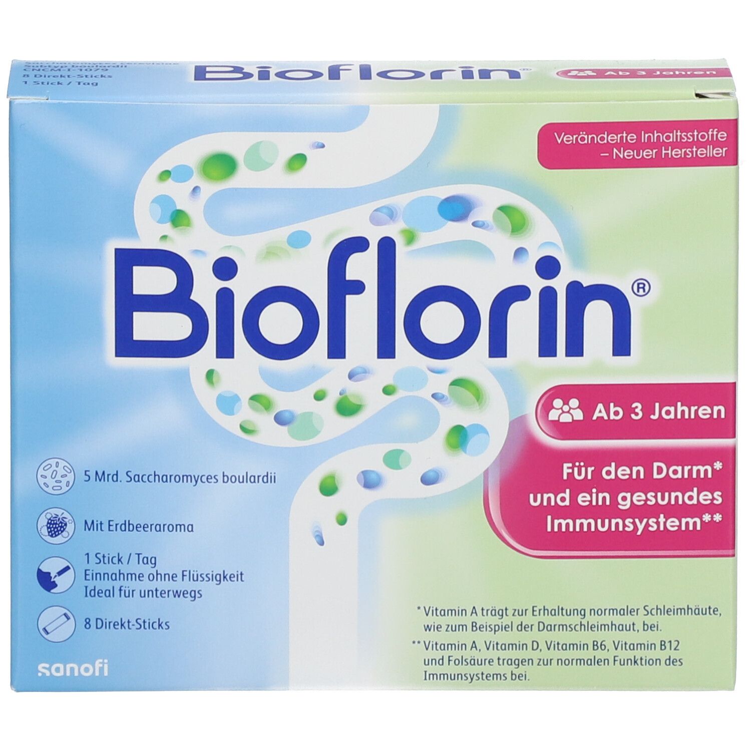 Verpackung von Bioflorin. Enthält 8 Direkt-Sticks. Aufschrift: Für den Darm und ein gesundes Immunsystem. Geeignet ab 3 Jahren.