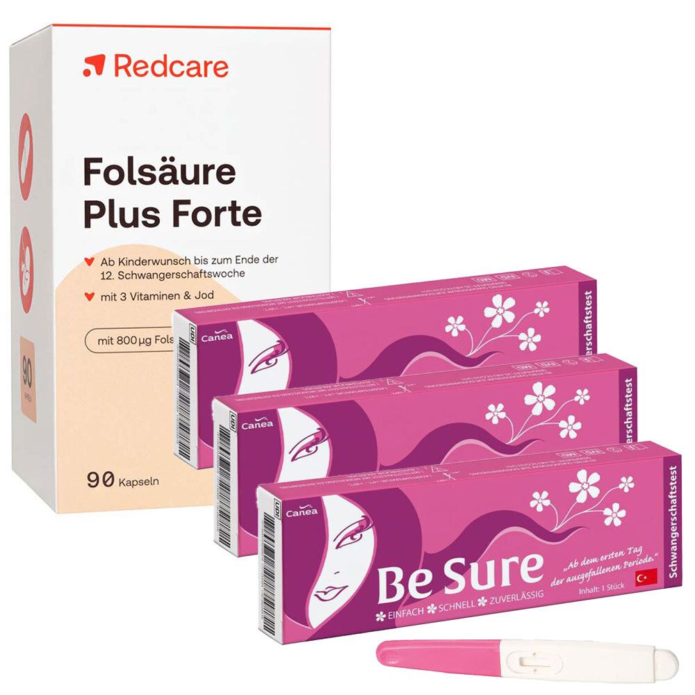 FOLSÄURE PLUS FORTE RedCare + Be Sure Schwangerschaftstest