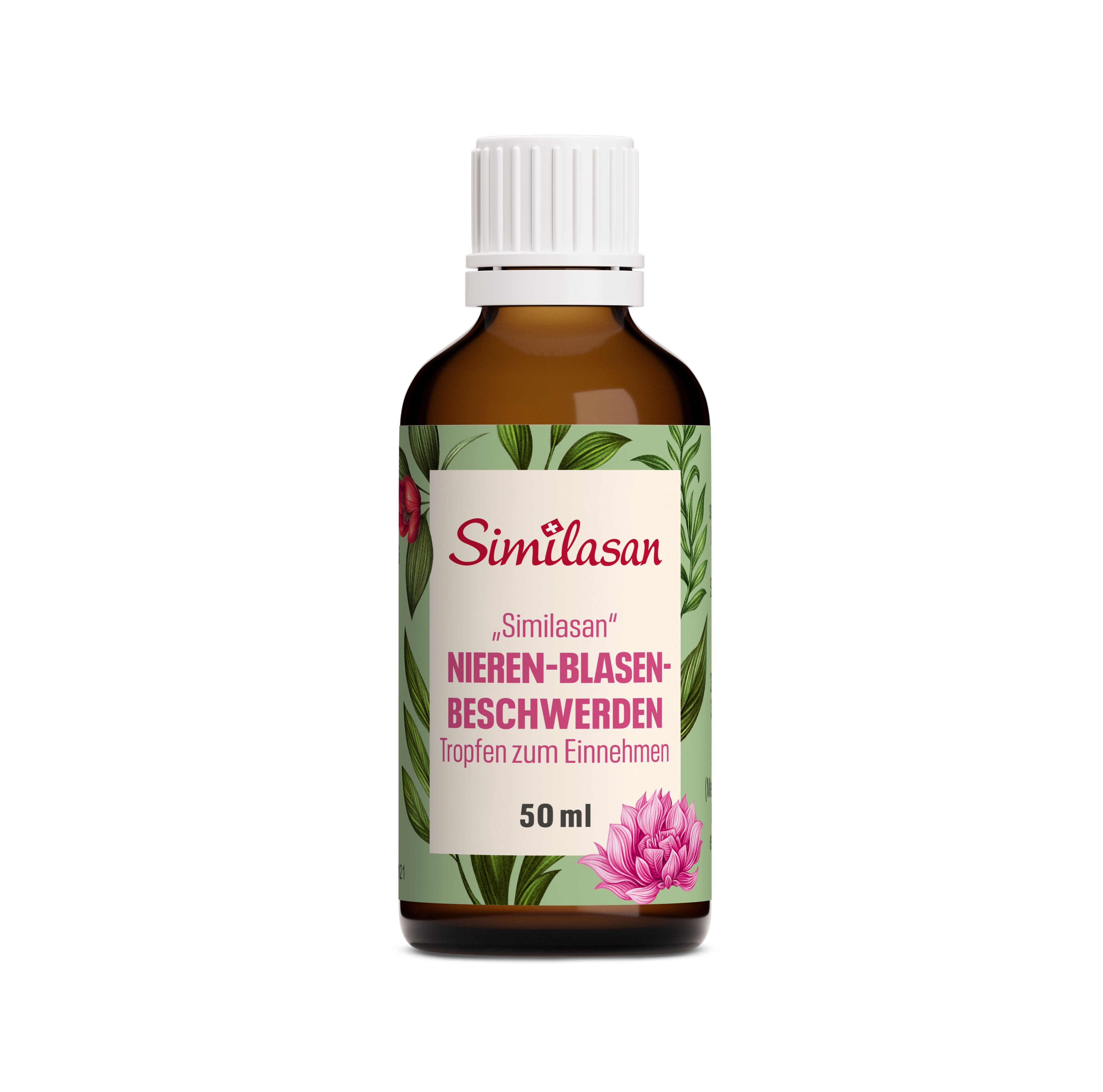 Braune Flasche mit weißem Verschluss. Aufschrift: Similasan Nieren-Blasen-Beschwerden Tropfen zum Einnehmen. 50 ml.