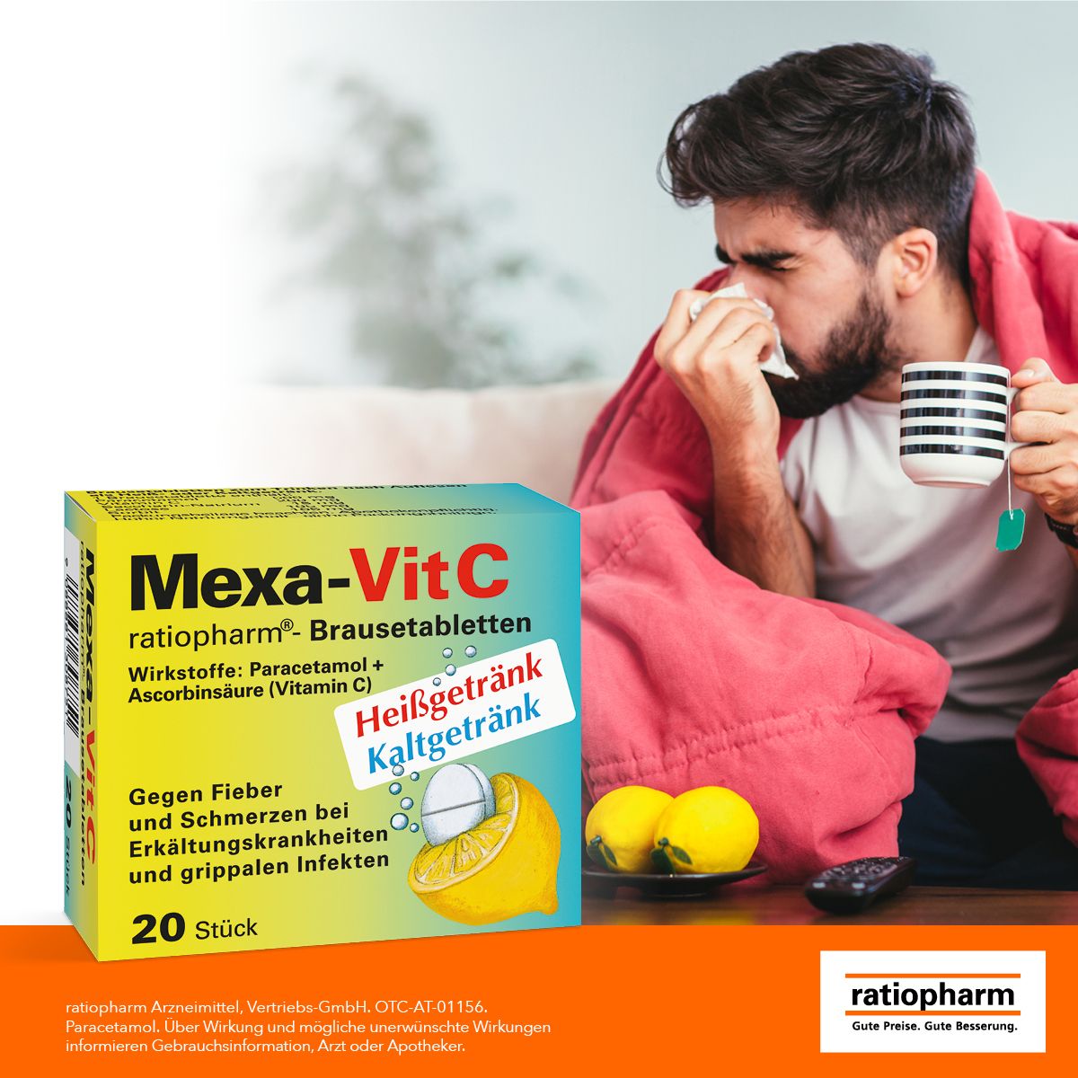 Verpackung Mexa-Vit C Brausetabletten neben einem Mann mit Taschentuch. Aufschrift: Heißgetränk, Kaltgetränk.