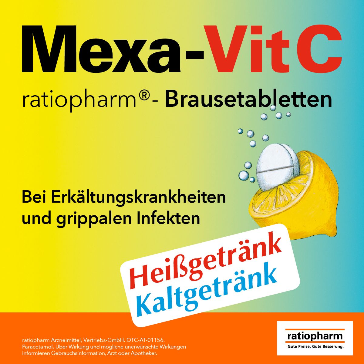 Produktverpackung Mexa-Vit C mit Zitrone und Tablette. Aufschrift: Heißgetränk, Kaltgetränk.