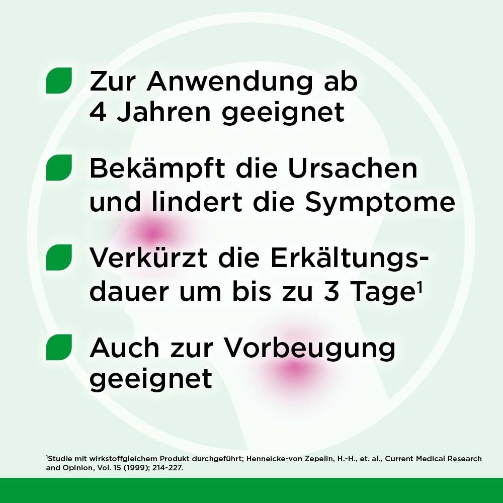 Text mit grünen Aufzählungszeichen: Geeignet ab 4 Jahren, bekämpft Ursachen, verkürzt Erkältungsdauer, auch zur Vorbeugung.