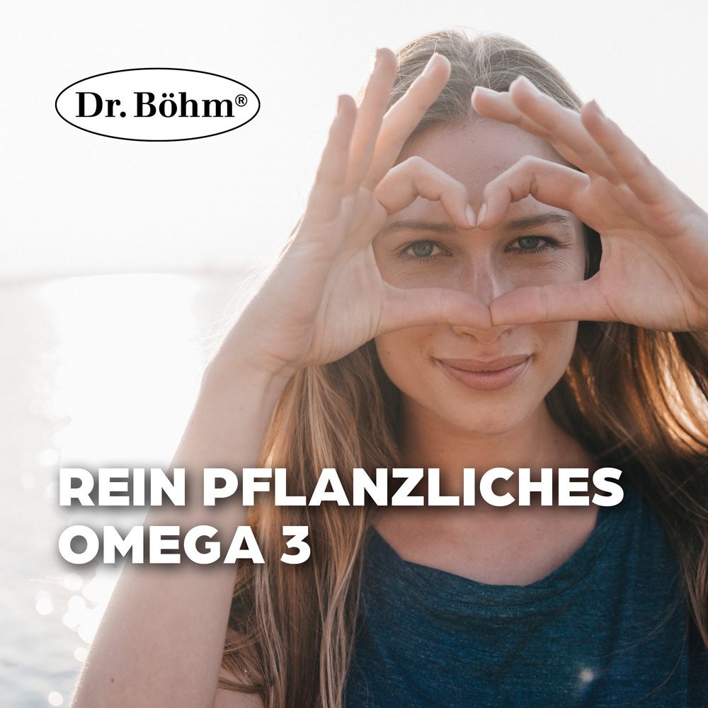 Frau formt mit Händen Herz. Text: Rein pflanzliches Omega 3. Logo: Dr. Böhm®.