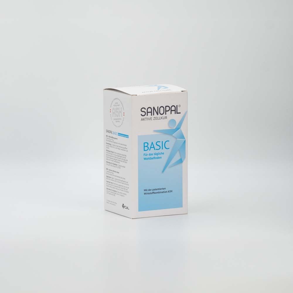 Weißer Karton mit blauer Schrift. Aufschrift: SANOPAL BASIC. Text: Für das tägliche Wohlbefinden. Mit patentierter Wirkstoffkombination.
