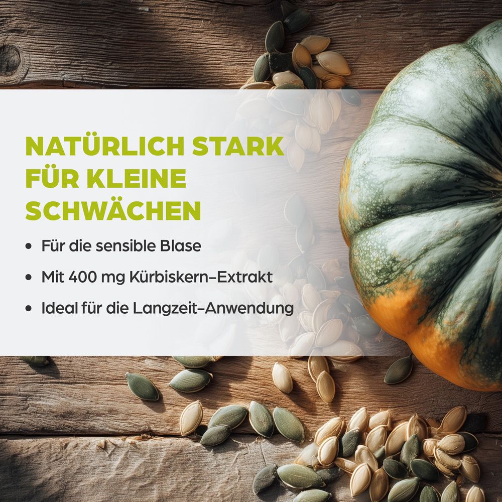 Kürbis, Kürbiskerne auf Holz. Text: Natürlich stark für kleine Schwächen. Für die sensible Blase. Mit 400 mg Kürbiskern-Extrakt.