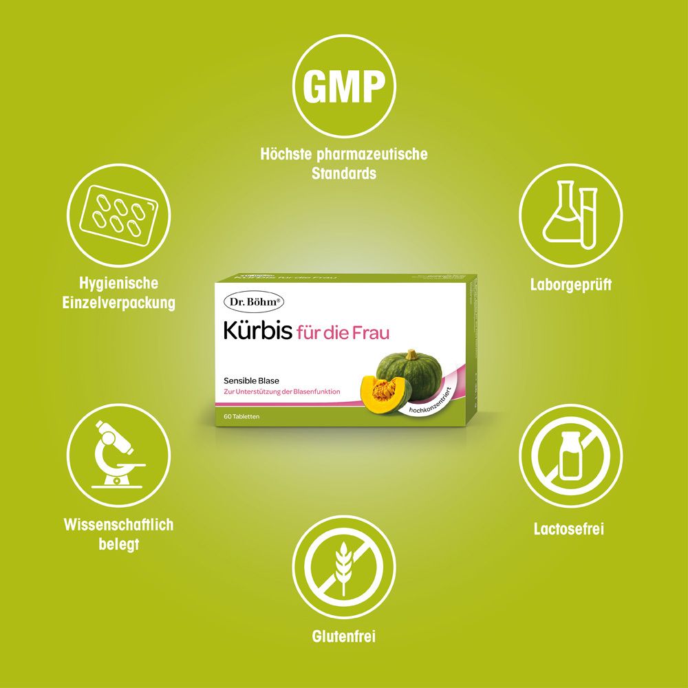 Produktpackung mit Logos und Icons. Logos: GMP, Lactosefrei, Glutenfrei. Icons: Tabletten, Labor, wissenschaftlich belegt.