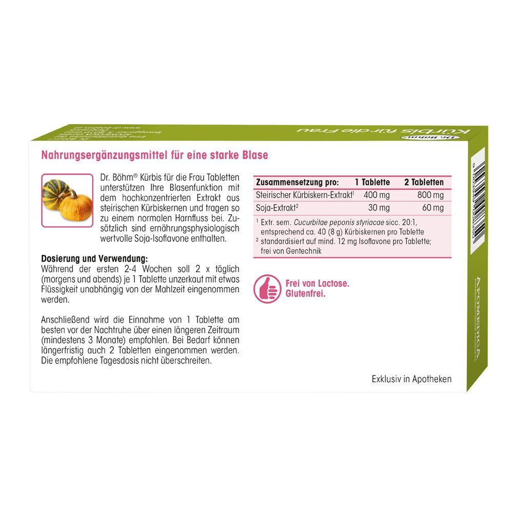 Produktverpackung mit Text und Inhaltsangaben. Text: Dr. Böhm® Kürbis für die Frau. Inhaltsstoffe: Kürbiskern-Extrakt, Soja-Extrakt.