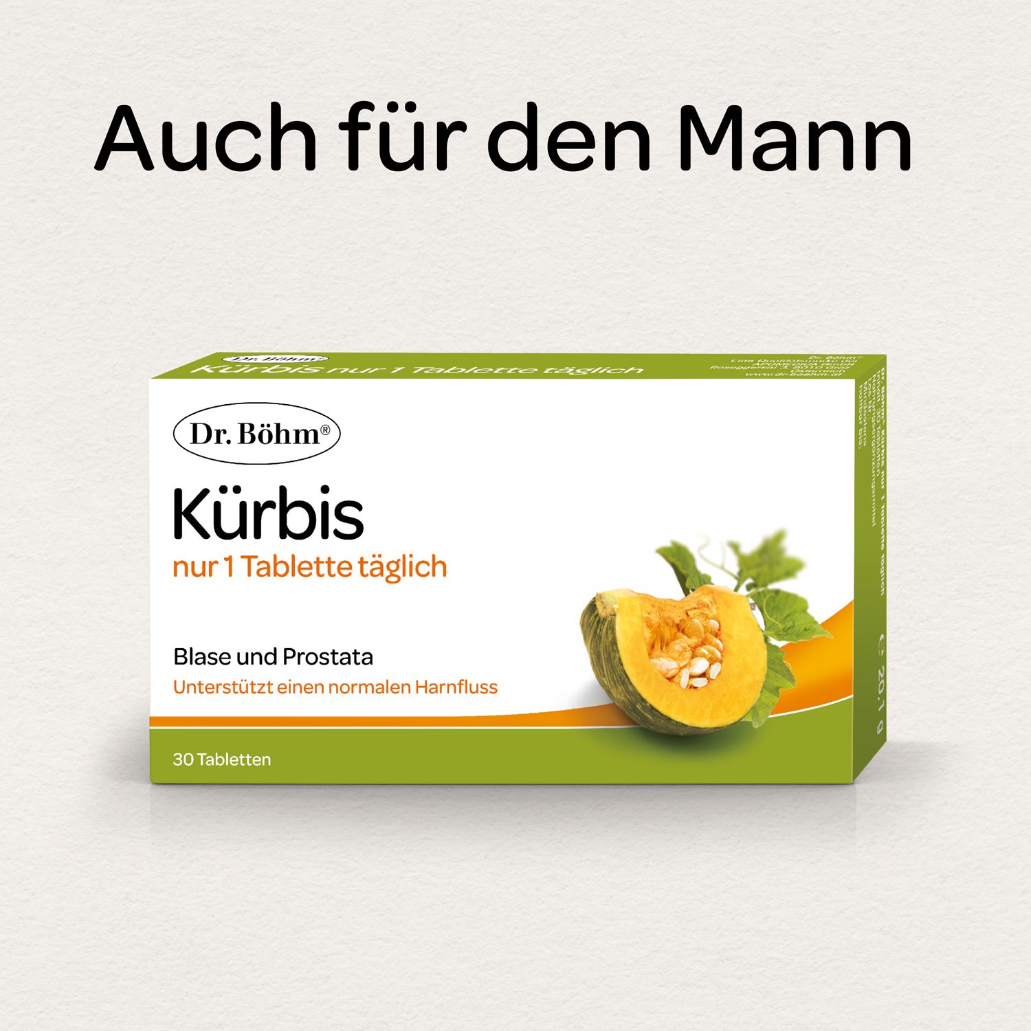 Produktverpackung für Männer. Aufschrift: Dr. Böhm Kürbis. Text: Blase und Prostata. Abbildung: Kürbis und Kürbisscheibe.
