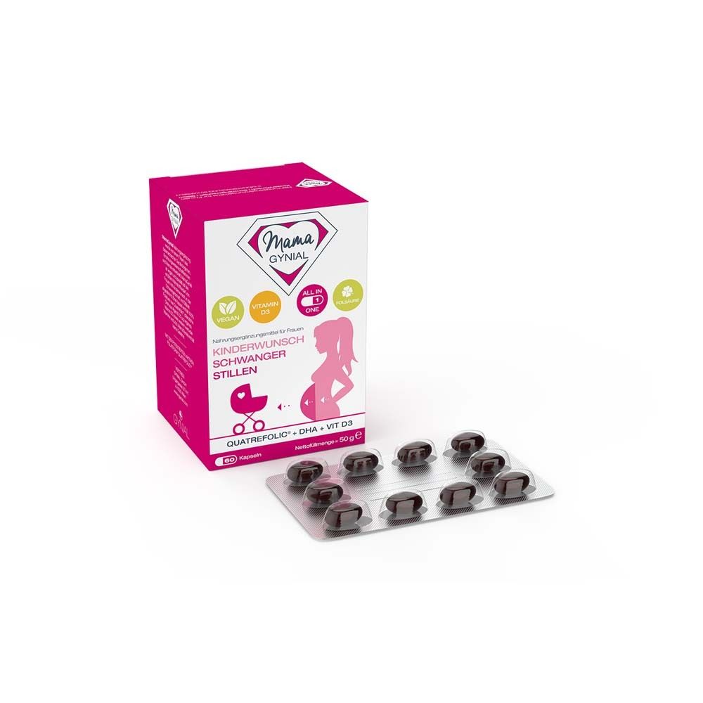 Rosa Verpackung mit Produktlogo und Text. Blisterpackung mit Kapseln neben der Verpackung.