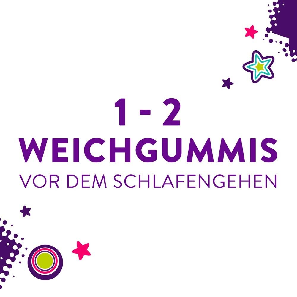 Text: 1-2 WEICHGUMMIS VOR DEM SCHLAFENGEHEN. Sterne und Kreise.