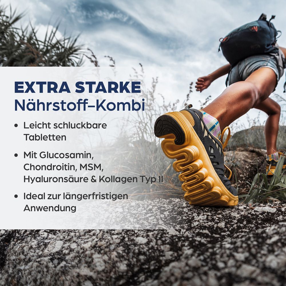 Person rennt auf einem Bergpfad. Text: Extra starke Nährstoff-Kombi. Tabletten mit Glucosamin, Chondroitin, MSM, Hyaluronsäure & Kollagen Typ II.