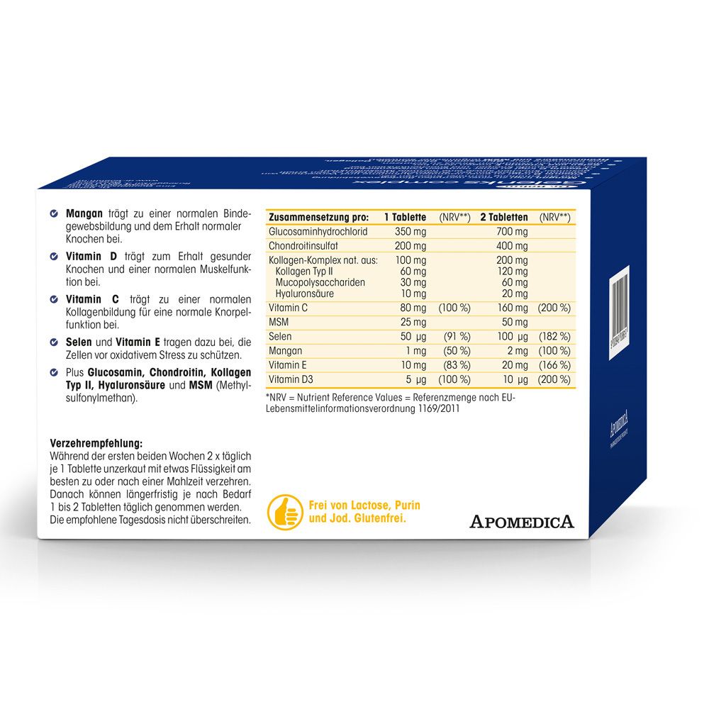 Rückseite der Produktverpackung. Auflistung der Inhaltsstoffe pro Tablette und pro 2 Tabletten. Frei von Laktose, Purin und Jod. Glutenfrei.