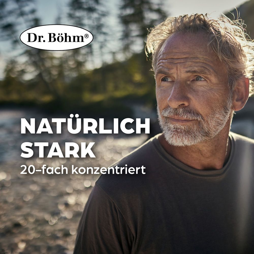 Mann im Freien. Logo Dr. Böhm. Text: Natürlich stark, 20-fach konzentriert.
