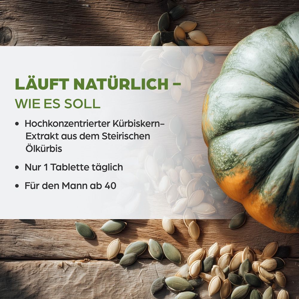 Kürbiskerne und Kürbis auf Holz. Text: Hochkonzentrierter Kürbiskern-Extrakt. Nur 1 Tablette täglich. Für den Mann ab 40.