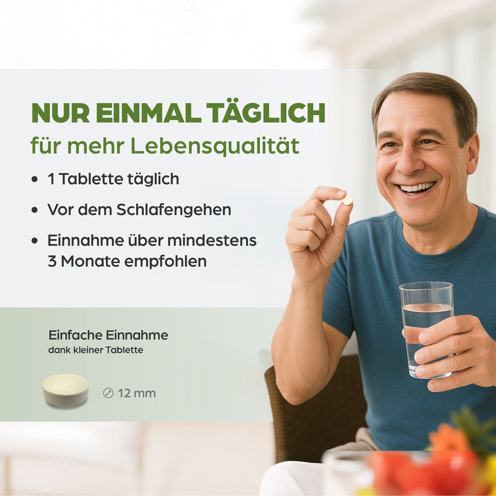 Mann hält Tablette. Text: Nur einmal täglich für mehr Lebensqualität. 1 Tablette täglich. Einnahme über mindestens 3 Monate empfohlen. 12 mm.