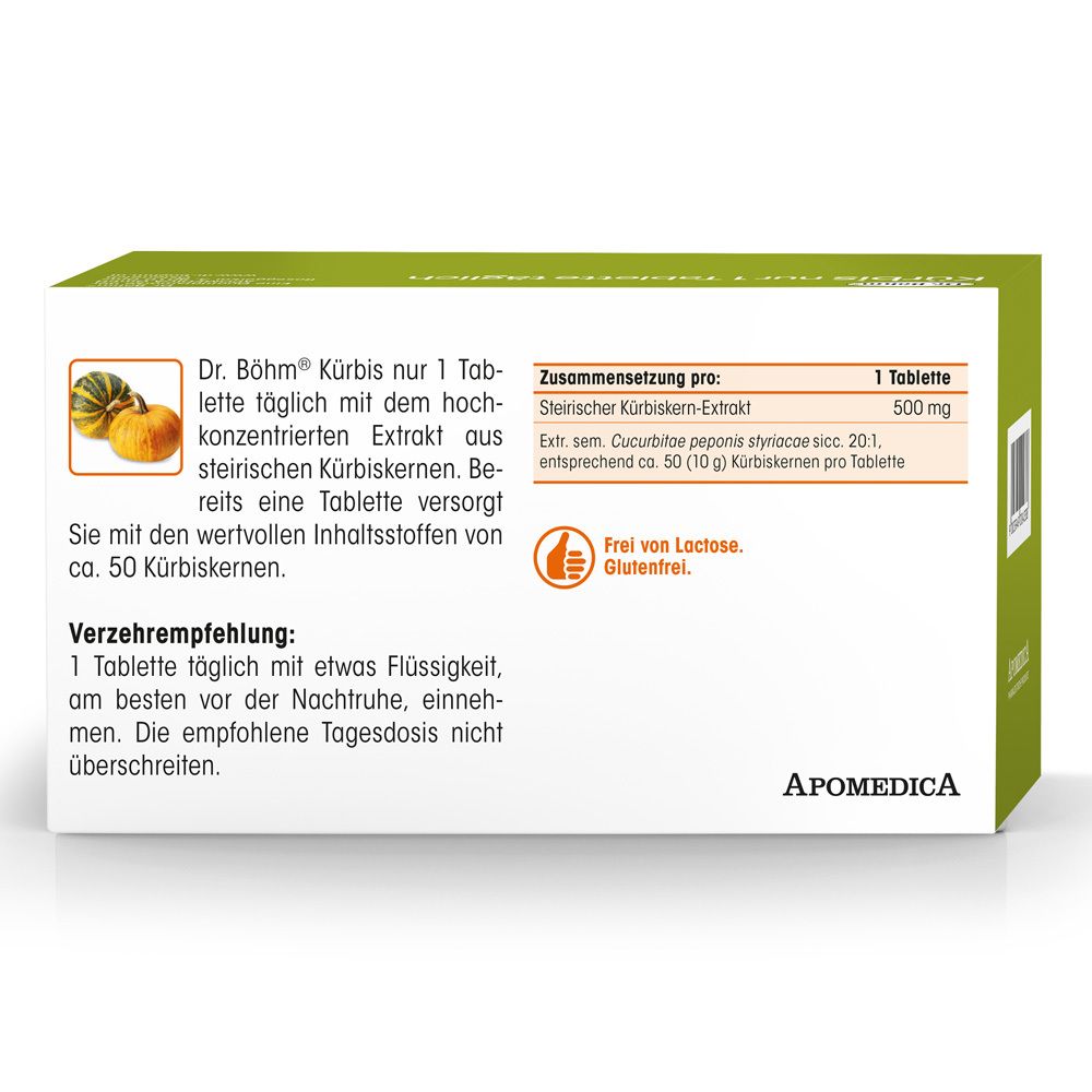Rückseite der Schachtel Dr. Böhm Kürbis. Text: 1 Tablette 500mg. Frei von Laktose. Glutenfrei. Verzehrempfehlung.