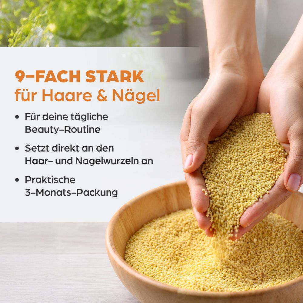 Hände halten Hirse. Text: 9-fach stark für Haare & Nägel. Inhaltsstoffe und Vorteile. Holzschale.