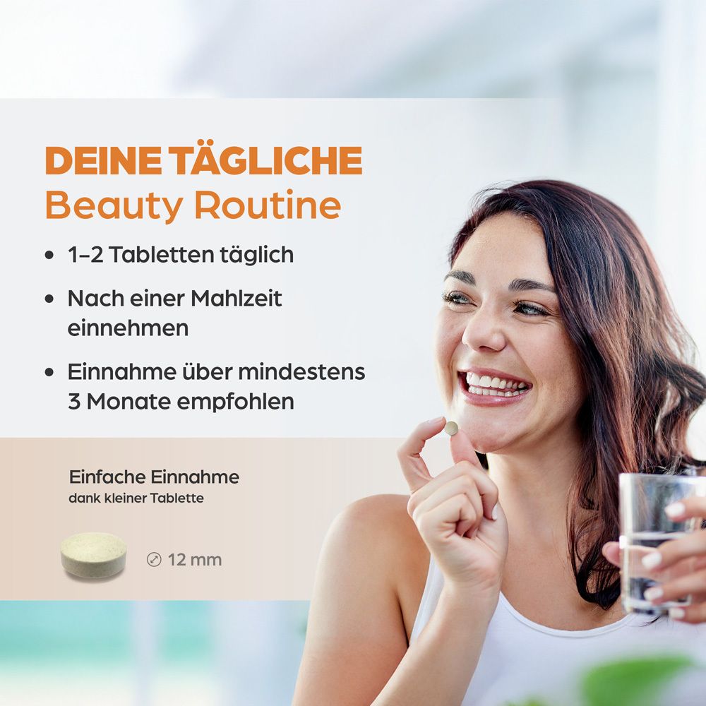 Frau nimmt Tablette. Text: Deine tägliche Beauty Routine. Tablette 12 mm. Glas Wasser.