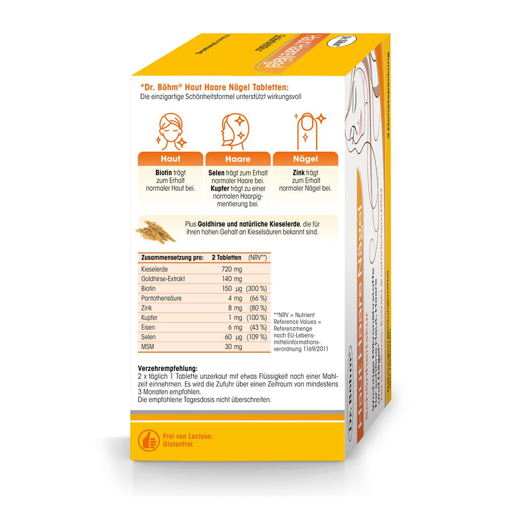 Rückseite der Dr. Böhm Haut Haare Nägel Verpackung. Inhaltsstoffe und Nährwertangaben. Grafiken zu Haut, Haaren, Nägeln.