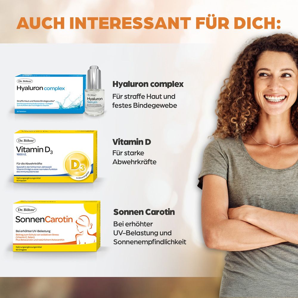 Drei Produktverpackungen: Hyaluron complex, Vitamin D, SonnenCarotin. Frau im Hintergrund.