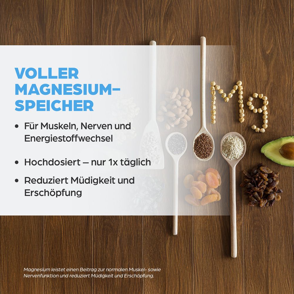 Holzoberfläche mit Zutaten und Text: VOLLER MAGNESIUM-SPEICHER. Für Muskeln, Nerven und Energie.