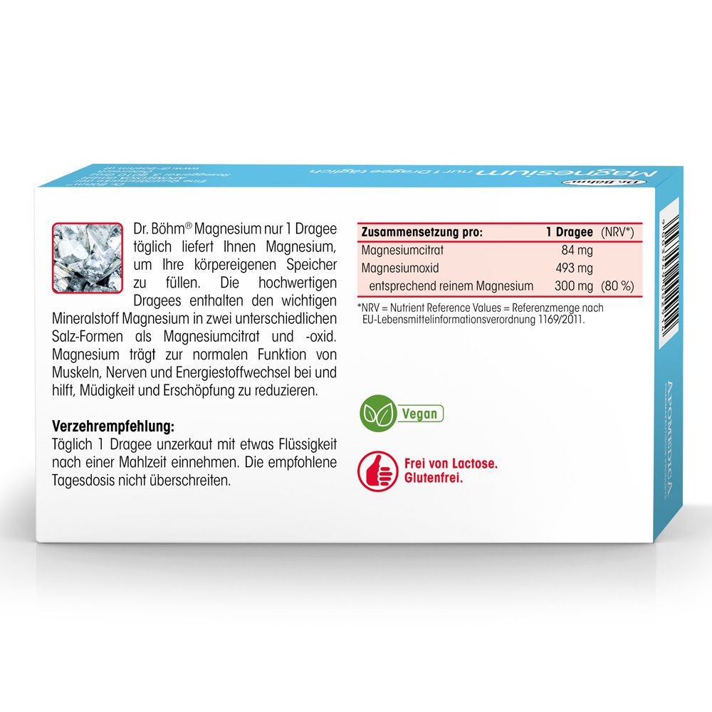 Rückseite der Dr. Böhm Magnesium Packung. Enthält Inhaltsstoffe und Nährwertangaben.