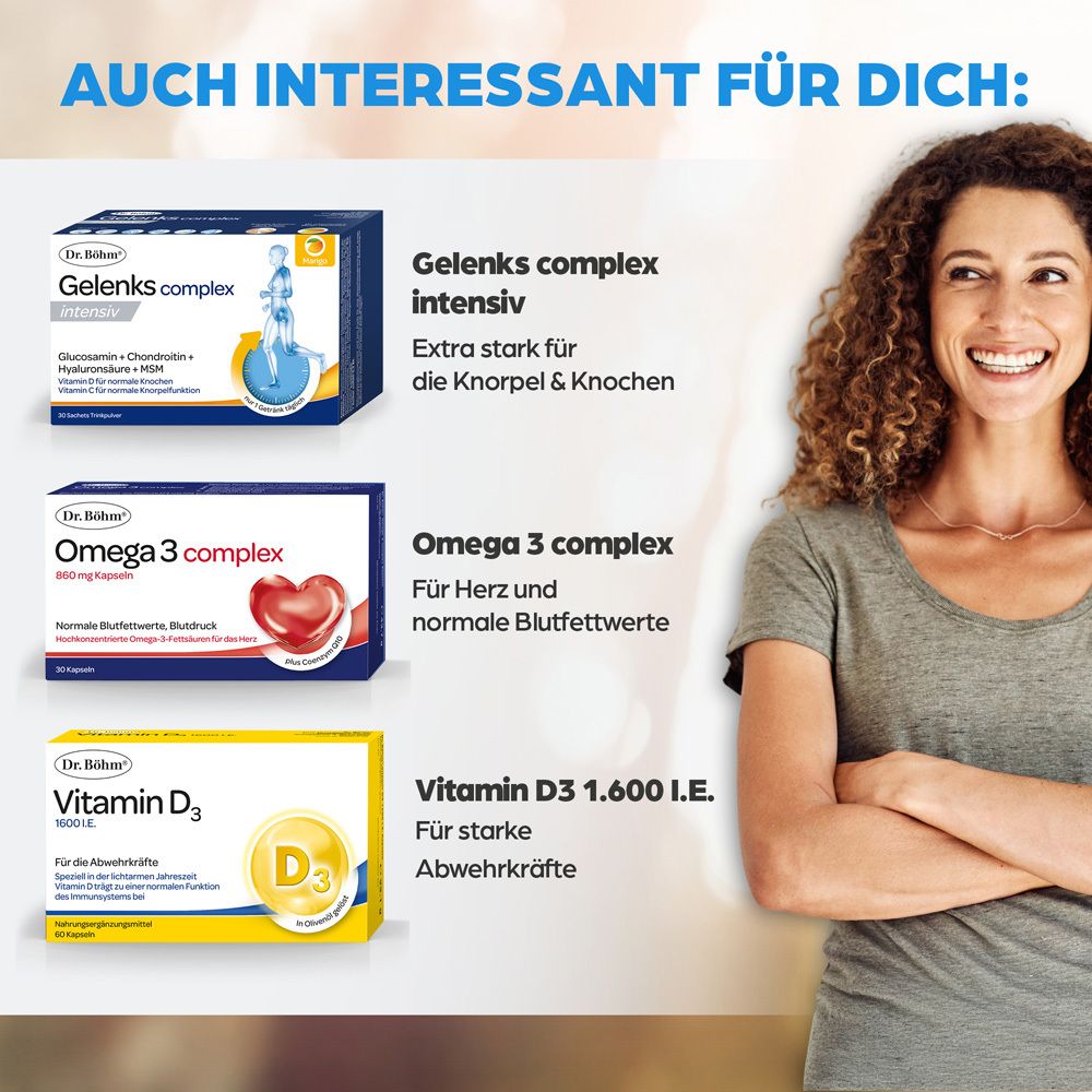 Frau lächelt. Produkte: Gelenks complex, Omega 3 complex, Vitamin D3. Dr. Böhm Logo.