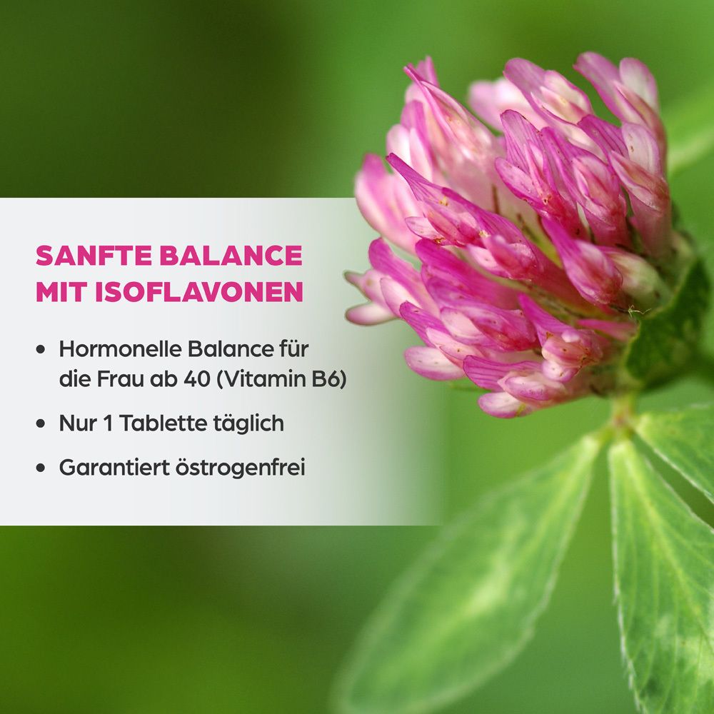 Rosa Klee-Blüte. Text: Sanfte Balance mit Isoflavonen. Hormonelle Balance für die Frau ab 40. Nur 1 Tablette täglich. Garantiert östrogenfrei.