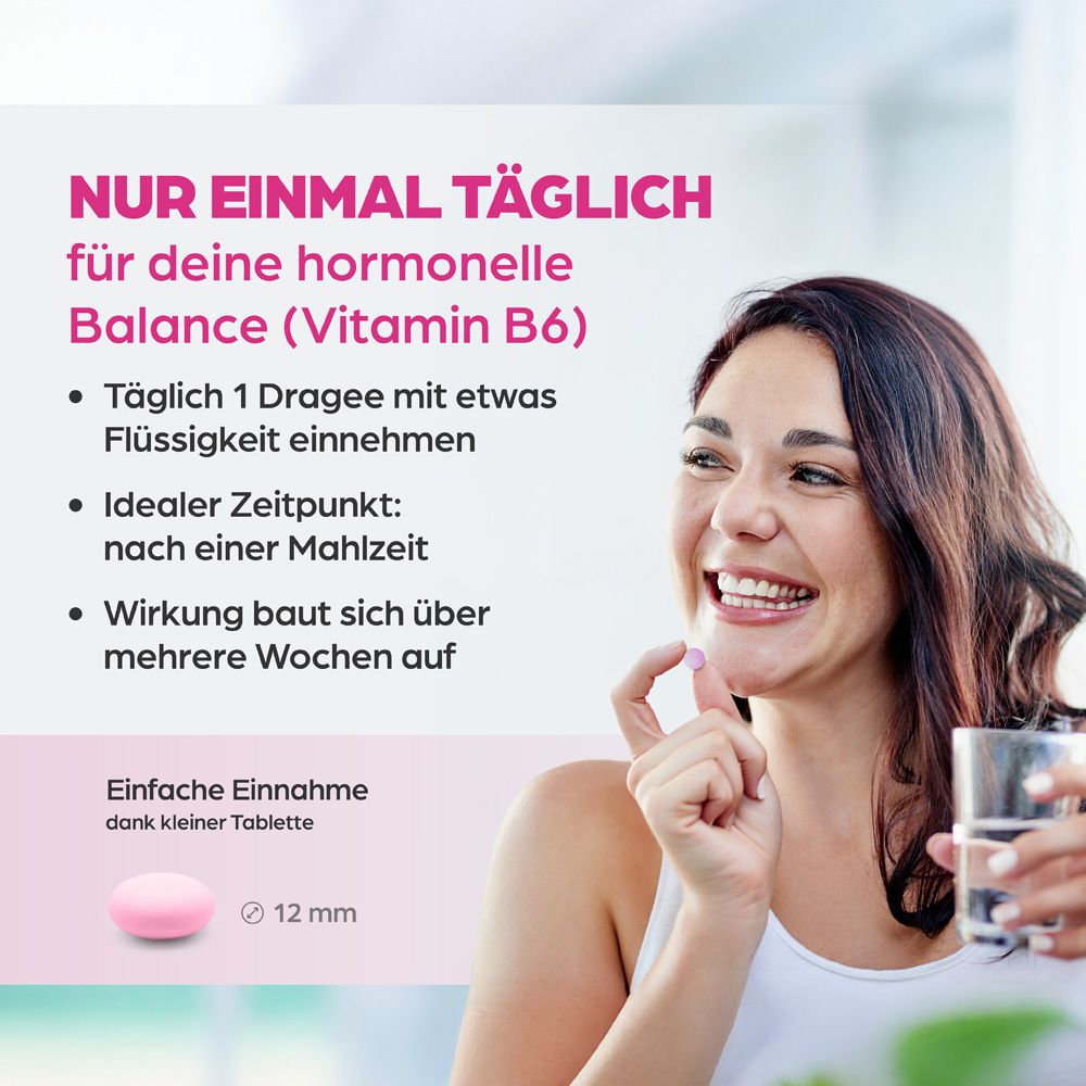 Packungsrückseite. Text: Nahrungsergänzungsmittel für Frauen ab 40. Inhaltsstoffe, Dosierung, und Anwendung.