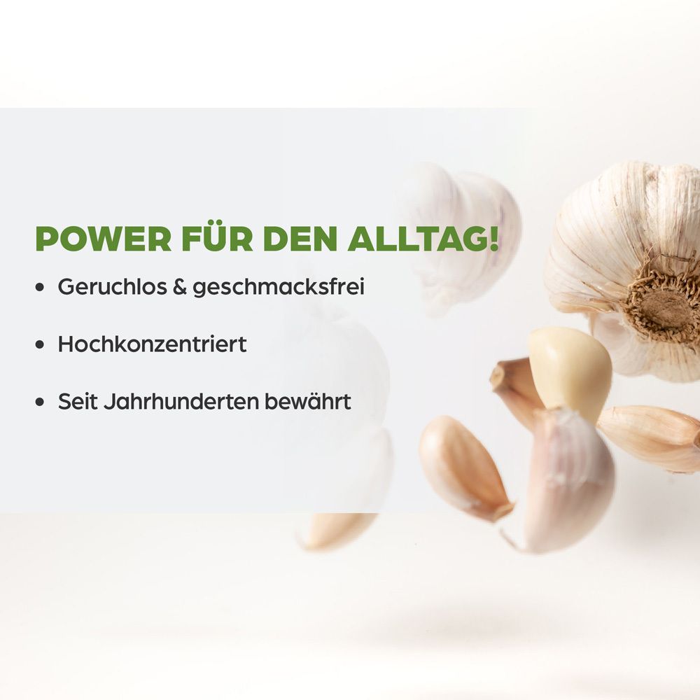 Abbildung von Knoblauchzehen mit Text über geruchlose und geschmacksfreie Dragees.